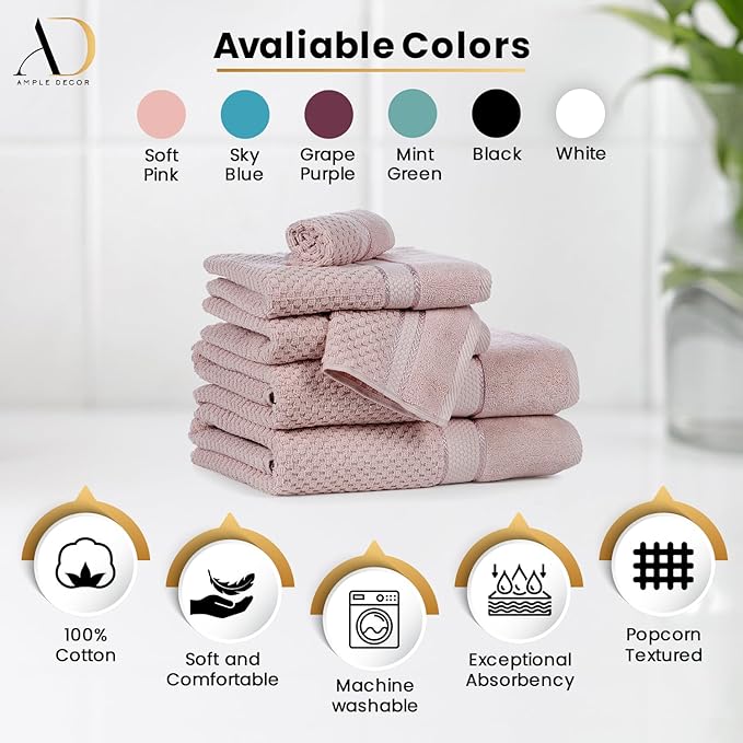 Ample Decor 100% Cotton Washcloths Set of 50 - Highly Absorbent, Popcorn Textured - Mulaayam Collection - Soft Pink 12 X 12 Inch