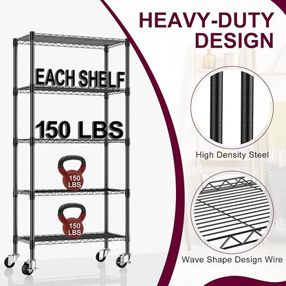 3 Pack 5-Tier Metal Wire Shelving Unit with Wheels & Feet, 14" D x 30" W x 60" H,750 lbs Capacity Adjustable Heavy Duty Steel Wire Rack Storage Shelves for Kitchen, Garage, Pantry