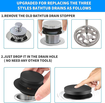 Bathtub Drain Stopper, Uxoz Universal Tub Stopper for Replacing Tip Toe/Trip Lever/Lift&Turn Tub Drain, Bath Tub Drain Stoppers Desiged for 1.5"-1.72" Drain Hole w/3 O-Rings, Black