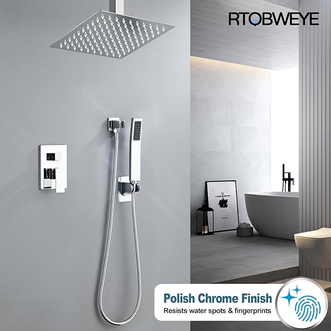 8 Inch Shower Faucet Set Ceiling Mount, High Pressure Rainfall Shower System, Square Rain Shower Head with Handheld Spray Combo, Ceiling Luxury Rainfall Shower Fixtures (L-Style)