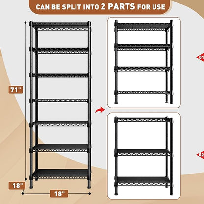 REIBII 7-Tier Metal Shelving Unit, 71’’H x 18’’W x 18’’D, 1176 LBS Weight Capacity, Adjustable Garage Shelving for Storage, Heavy Duty Shelves for Kitchen, Living Room, Bathroom etc.