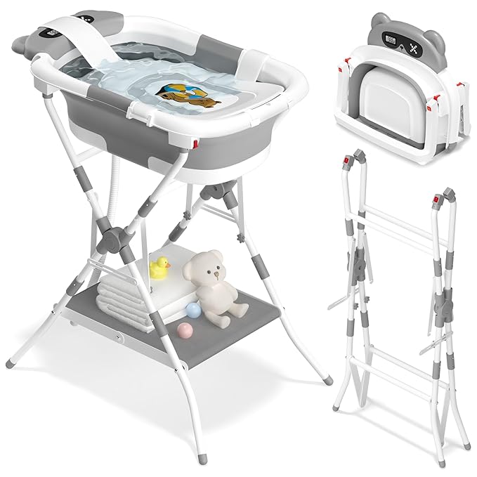 AVIDOR 2-in-1 Baby Bathtub with Stand for Newborn and Infants, Foldable Baby Bath Tub, Baby Shower Gifts for New Parents, Gray