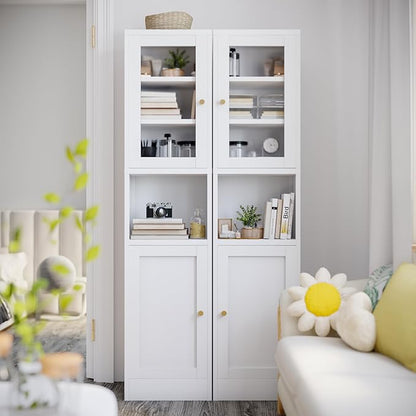 COFaR 67" Tall Metal Bathroom Storage Cabinet,6-Tier Narrow Cabinet with Glass Doors and Adjustable Shelves,Linen Cabinet for Small Spaces,Tall Cabinet for Bathroom,Living Room,White