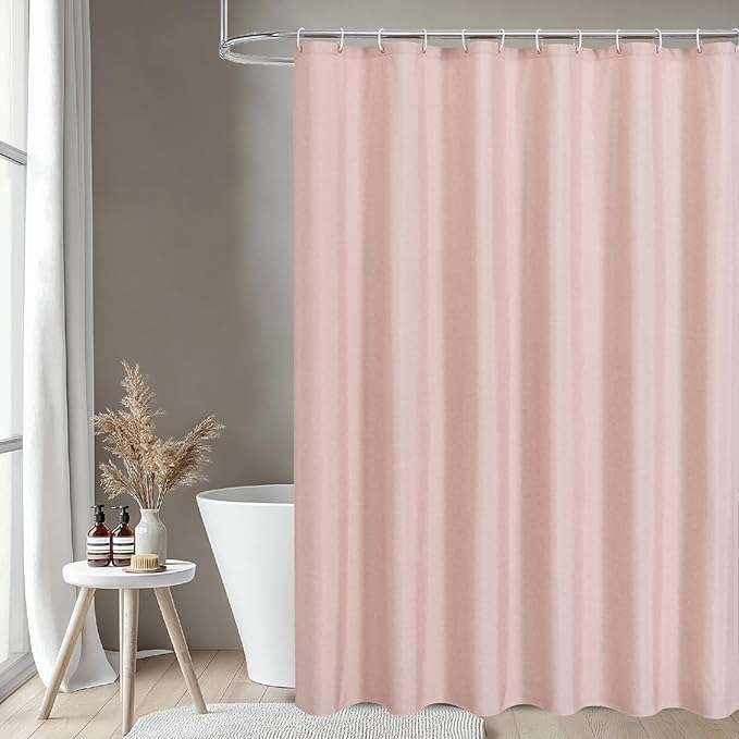 2-in-1 Waterproof Long Fabric Shower Curtain or Liner,Linen Textured,78 Inch Breathable TPU & Washable Bathroom Shower Curtain Set with 12 Plastic Hooks,Modern,72"x78" Blush