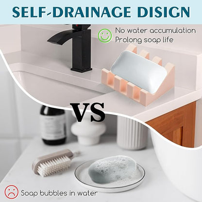 Silicone Soap Dish with Drain, Upgrade Double Suction Cups at The Bottom for Anti-Slip and Stability, Soap Dish Shower Waterfall Bar Soap Holder Tray with Drain Soap Holder (4, Pink)