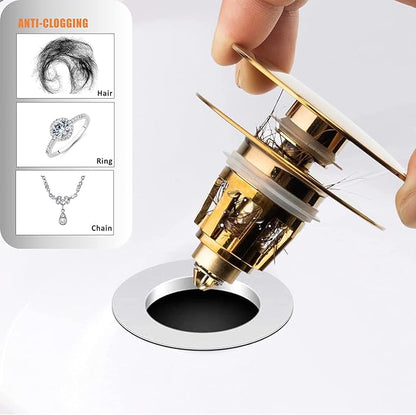 Artiwell Universal Bathroom Sink Drain Stopper, Fits Most Pop-Up Drains for Vessel Sink Lavatory Vanity, Sink Drain Strainer with Detachable Hair Catcher, Tested by Plumber in US (Polished Brass)