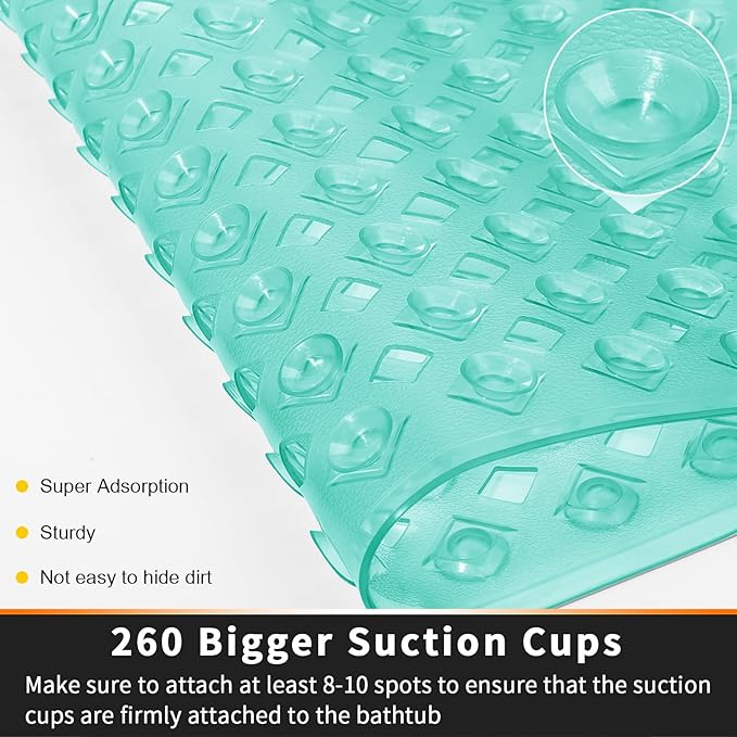 Yimobra Bathtub Mat Non Slip, Super Strong Suction Cups, 27.5"x15.5" Long Shower Mat with Drain Holes, Machine Washable Fast Draining Bath Mats, Bathroom Essentials,Clear Green