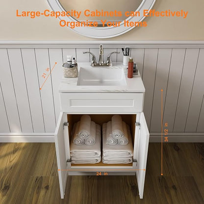 ROOMTEC Bathroom Cabinet, 24'' Free Standing Single Bathroom Vanity with 1 False Drawer and 2 Doors,Morden Bathroom Sink Vanity Storage Cabinet, Shaker White