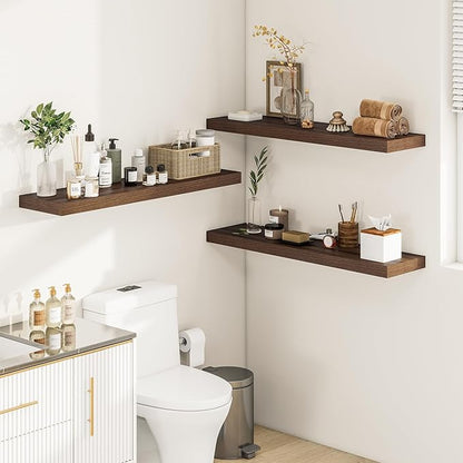 Vivelove Farmhouse Floating Shelves for Wall 12 Inch Deep, 36" X 12" X 2" Floating Shelf, 2 Inch Thick Shelf for Living Room Bathroom Bedroom Kitchen, Rustic Farmhouse Decor Set of 2, Walnut