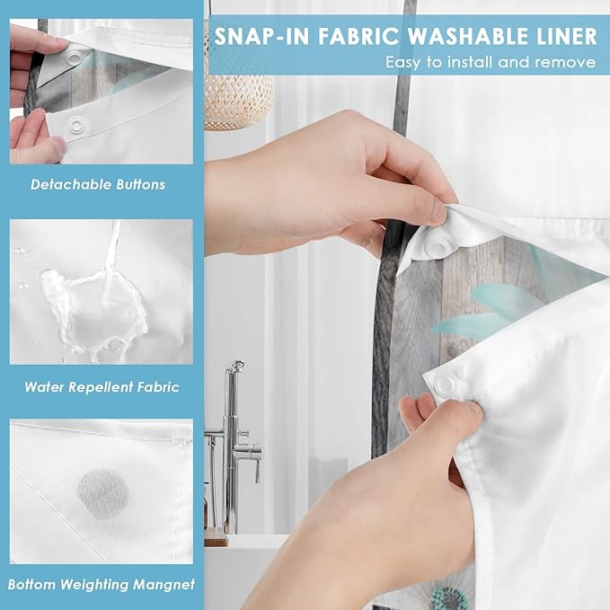 No Hook Rustic Farmhouse Shower Curtain with Snap in Fabric Liner Set, Teal Daisy Flowers and Butterfly on Wooden Double Layers Waterproof with See Through Top Bath Curtain 71x74 Inch