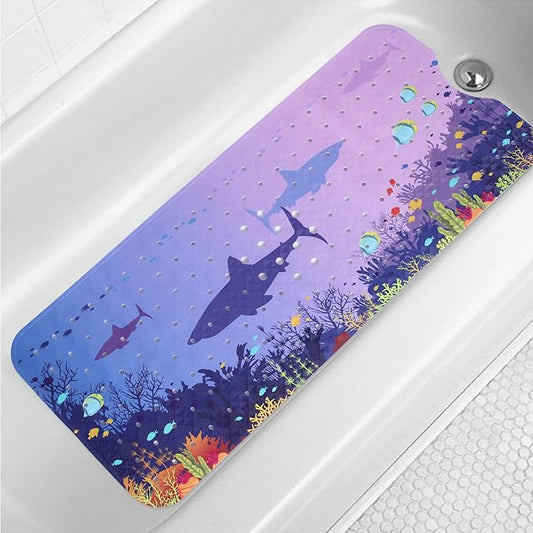 Blue Sea Bathtub Mat Non Slip for Kids 40x16in Extra Long Shark Ocean Whale Tropical Fish Anti Slip Shower Mat for Bathroom with Large Drain Holes and Suction Cups Quality Bath Mats and Bathtub Decor