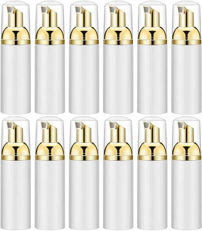 2 Oz Empty Foam Pump Bottle (12PCS) Travel Foaming Soap Dispenser for Hand Soap, Lash Shampoo Cleanser (White&Gold)
