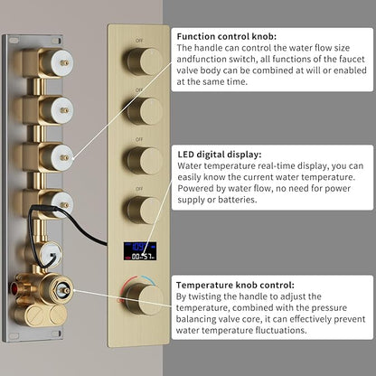 Brushed Gold Shower System Digital Temperature Display Shower Faucet Set with 12 inch Ceiling Mounted + Dual 8 inch Wall Mounted Shower Head Combo Set, Handheld Spray
