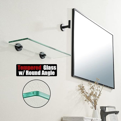 JQK Bathroom Glass Shelf Black, Tempered Glass Shower Storage 16 by 5 inches, 304 Stainless Steel Matte Black Wall Mount, TGS101L16-PB