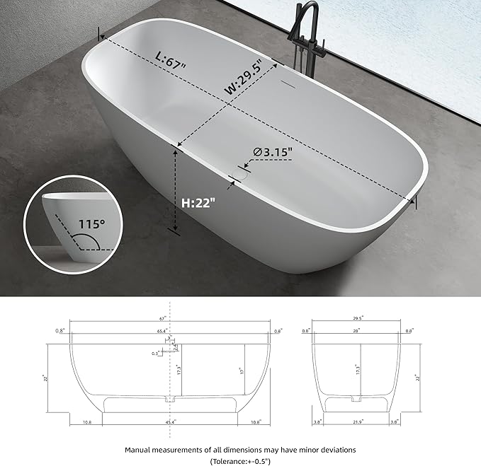 67'' Freestanding Bathtub Resin Stone Deep Soaking Tubs Solid Surface Matte Tub with Overflow and Pop-up Drain