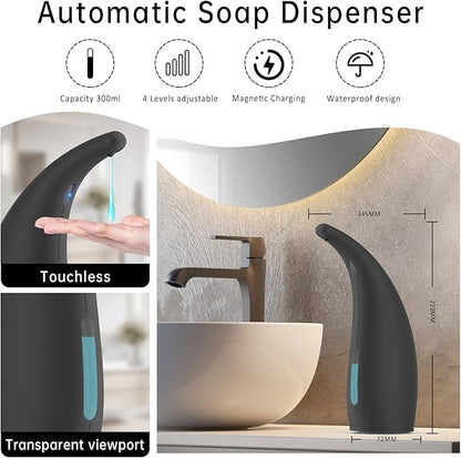 Automatic Soap Dispenser Touchless,300ML Hand & Dish Countertop Electric Liquid Rechargeable Dispenser with Sensor,Modern 4 Gear Adjustable Waterproof Kitchen Auto Soap Pump（Black）
