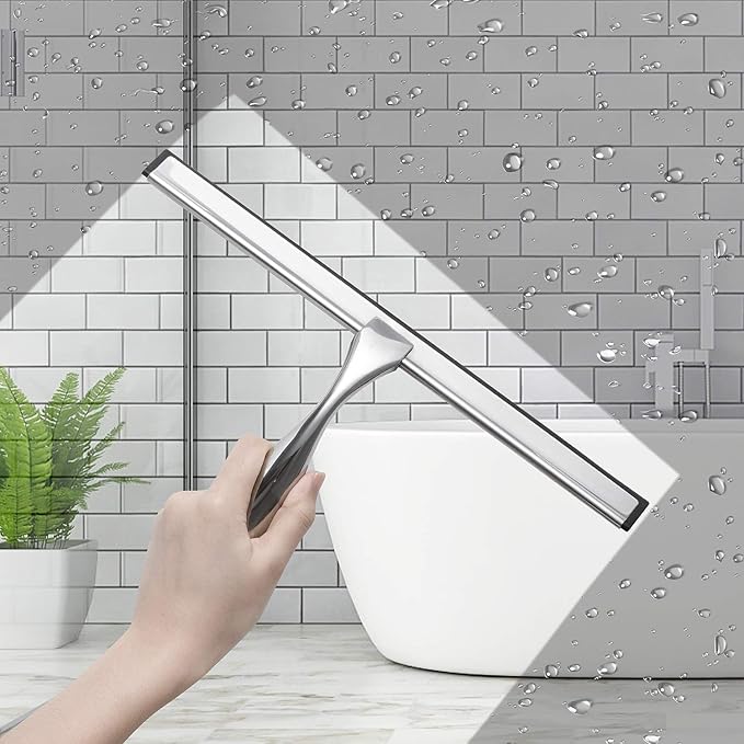 Simtive 14-Inch Shower Squeegee Set, Includes Shower Door Hook and Adhesive Hook, Squeegee for Shower Doors, Mirror and Window, Silver