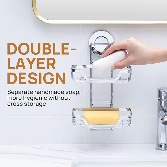 LEVERLOC Soap Holder, Soap Bar Dish for Shower Suction Cup Wall Mounted, Stainless Steel Double Layer Sponge Holder for Bathroom Bathtub Kitchen Sink, Removable Waterproof, Keep Dry, Silver