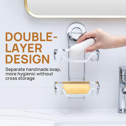 LEVERLOC Soap Holder, Soap Bar Dish for Shower Suction Cup Wall Mounted, Stainless Steel Double Layer Sponge Holder for Bathroom Bathtub Kitchen Sink, Removable Waterproof, Keep Dry, Silver