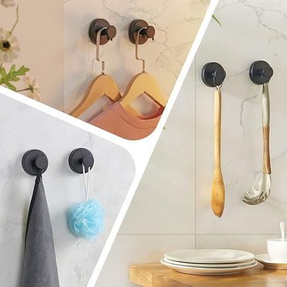 Suction Cup Hooks for Shower, Bathroom Hooks for Towels Stainless Steel Wall Hook for Hanging up to 6.5 lbs Hooks for Kitchen, Glass, Mirror (2Pcs Black)