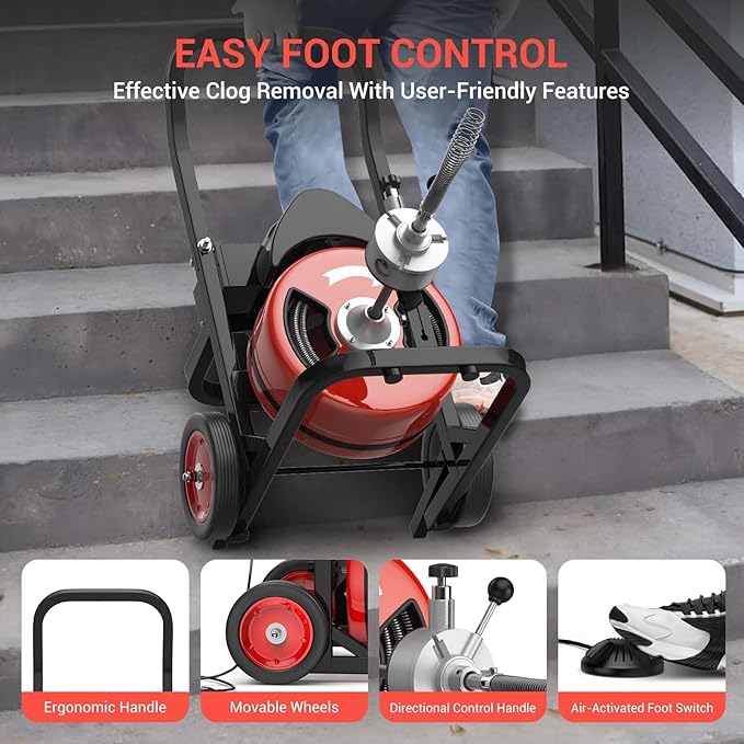100Ft 1/2 Inch Cable Drain Cleaning Machine, 450W Auto Feed Portable Electric Sewer Snake, Electric Drain Auger with 4 Cutter Air-Activated Foot Switch for 2" to 4" Pipes