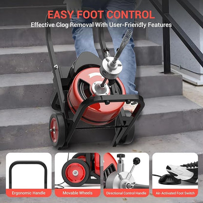 100Ft 1/2 Inch Cable Drain Cleaning Machine, 450W Auto Feed Portable Electric Sewer Snake, Electric Drain Auger with 4 Cutter Air-Activated Foot Switch for 2" to 4" Pipes