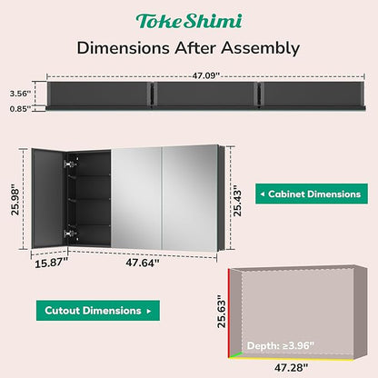 TokeShimi 48x26 Recessed Medicine Cabinet with Mirror Aluminum Black, Tempered Frameless Bathroom Mirror with Storage Adjustable, White Wall Mounted Medicine Cabinet for Bathroom Farmhouse