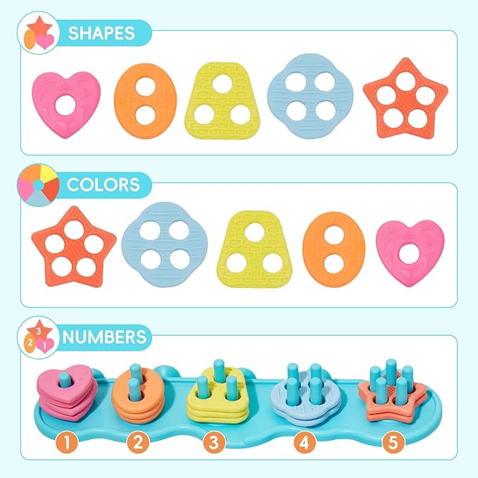 Toddler Bath Toys for Kids, Mold Free Bath Toys Silicone Color and Shape Sorting & Stacking Toys with 20 Textured Floating Pieces and Storage Bag, Early Learning Educational Sensory Toys for Toddlers