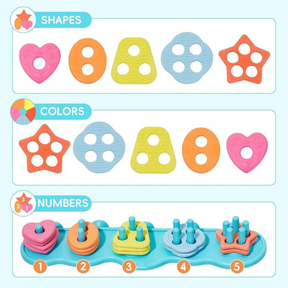 Toddler Bath Toys for Kids, Mold Free Bath Toys Silicone Color and Shape Sorting & Stacking Toys with 20 Textured Floating Pieces and Storage Bag, Early Learning Educational Sensory Toys for Toddlers