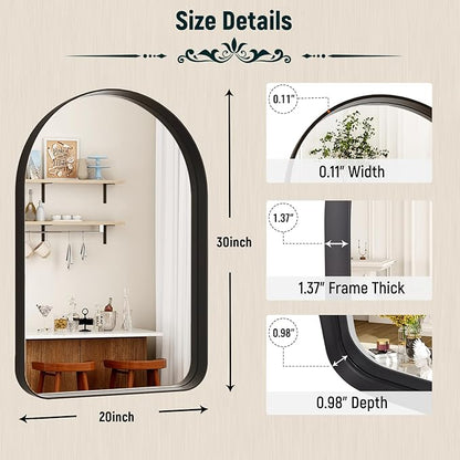 GLSLAND 20”x30“ Arched Bathroom Mirror - Black Aluminum Alloy Framed Wall Mirror, Arch Matted Vanity Mirror for Bedroom, Entryway Home Decor