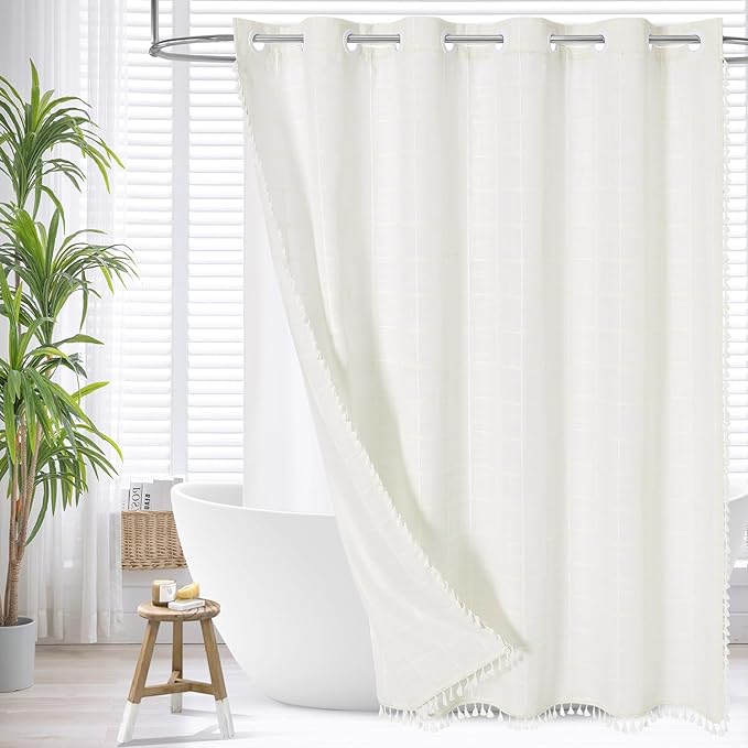 MitoVilla No Hooks Needed Boho Farmhouse Shower Curtain with Snap-in Liner, Cotton Linen Fabric Shower Curtains with Tassels for Rustic Neutral Bathroom Decor, Ivory, 72 x 74