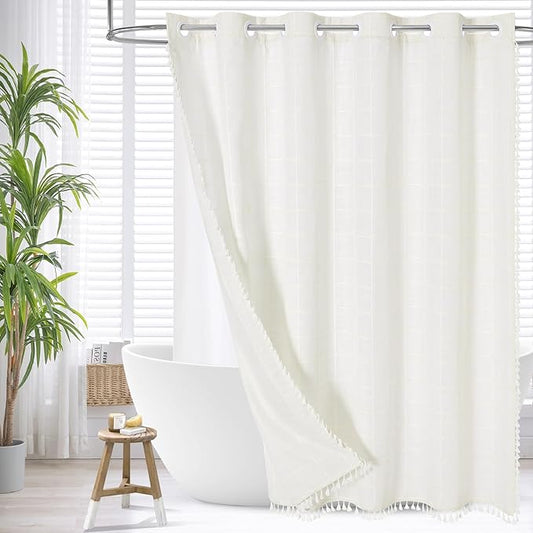MitoVilla No Hooks Needed Boho Farmhouse Shower Curtain with Snap-in Liner, Cotton Linen Fabric Shower Curtains with Tassels for Rustic Neutral Bathroom Decor, Ivory, 72 x 74