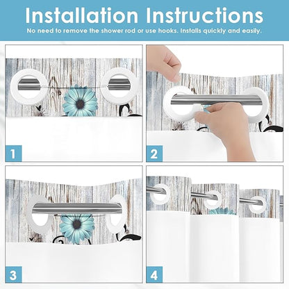 No Hook Teal Flower Shower Curtain with Snap in Fabric Liner Set, Daisy Rustic Farmhouse Double Layers Waterproof Fabric with See Through Top Window Open Grommet Bath Curtain 71x74 Inch