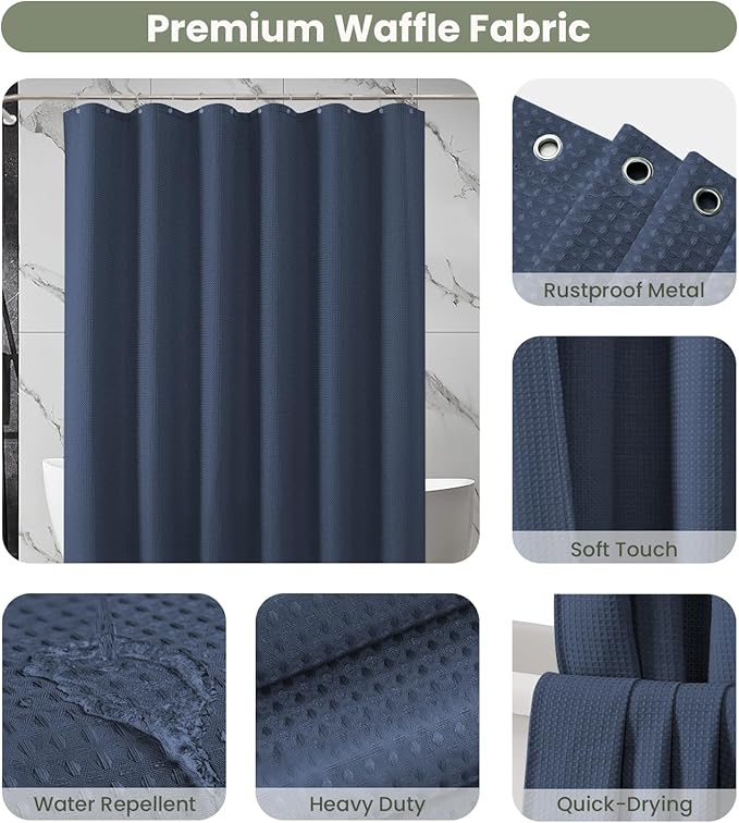 Inhousolu Fabric Shower Curtain Waffle Weave, Navy Blue 230 GSM Heavy Duty, Weighted Hem, 14 Metal Hooks, Water Repellent, Machine Washable, Hotel Spa Luxury Bath Curtain Set, 72 x 84 Inch