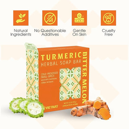 Turmeric & Bitter Melon 2-in-1 Luxurious Natural Soap Bar (4.2 oz) | Herbal Freshness & Gentle Refreshing Cleanse | Cold-Processed, Handmade in Vietnam