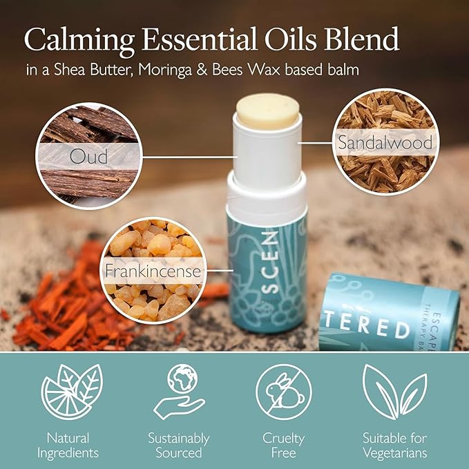Scentered Aromatherapy Balm Stick - Escape - Natural Calm Essential Oil Roll On - Meditation Aid for Relaxation & Self-Care - Frankincense, Oud, Sandalwood - Self-Care Stocking Stuffers for Women