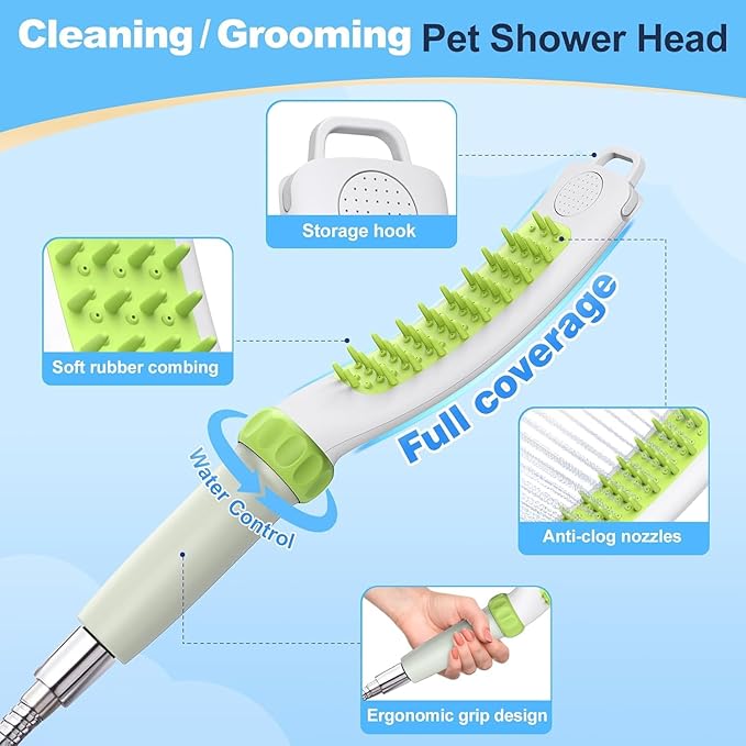 Dog Shower Attachment, Rubber Dog Grooming Bath Brush for Long & Short Haired Dogs and Cats, Pet Hair Scrubber For Washing, Deshedding, Massage, Stainless Steel Shower Hose