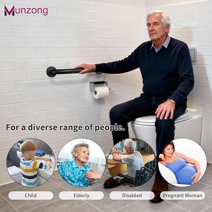 16 Inch Anti Slip Shower Grab Bar, Munzong Oil Rubbed Black Bathroom Grab Bar for Bathtubs and Showers, Knurled Handicap Balance Bar,Safety Hand Rail Support Elderly Senior Assist Bath Handle
