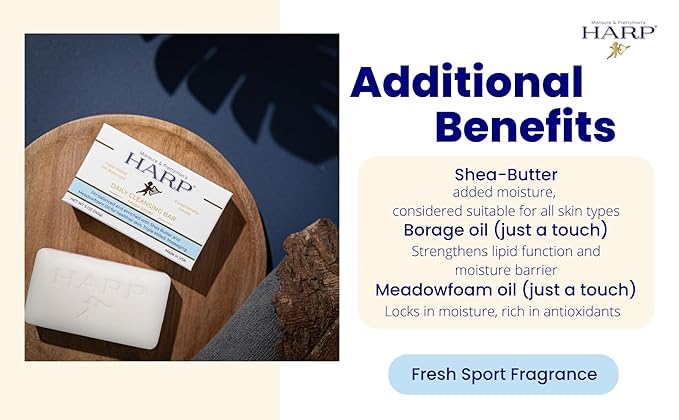 HARP pH-Balanced (5.0-6.0) Body Wash Bar. 100% Syndet. Protects Moisture Barrier For Sensitive, Dry or Irritated skin. + Shea Butter/Borage Oil. Non-Comedogenic. FRESH SPORT FRAGRANCE
