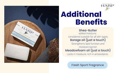 HARP pH-Balanced (5.0-6.0) Body Wash Bar. 100% Syndet. Protects Moisture Barrier For Sensitive, Dry or Irritated skin. + Shea Butter/Borage Oil. Non-Comedogenic. FRESH SPORT FRAGRANCE