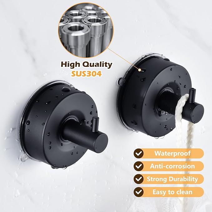YOHOM Suction Cup Hooks for Shower Wall Bathrooms Towels Hook for Glass Door Heavy Duty (Black, 2 PCS)
