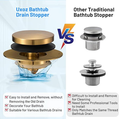 Bathtub Drain Stopper, Uxoz Universal Tub Stopper for Replacing Tip Toe/Trip Lever/Lift&Turn Tub Drain, Bath Tub Drain Stoppers Desiged for 1.5"-1.72" Drain Hole w/3 O-Rings, Gold