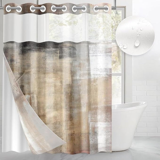 No Hook Grey Brown Painting Shower Curtain with Snap in Fabric Liner Set, Beige Abstract Double Layers Waterproof Fabric with See Through Top Window Open Grommet Bath Curtain 71x74 Inch
