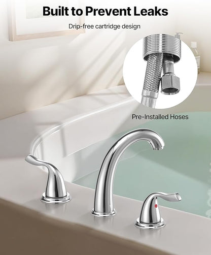 VEVOR Roman Tub Faucet, 3 Hole Waterfall Bathtub Faucet, Bath Tubs Faucets Set with 2 Handles, Deck Mount Bath Tub Faucets Set for Pet Washing, Adult Bathing, Chrome, High Arc Spout