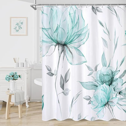 Long Boho Watercolor Floral Shower Curtain 72 x 78, Teal Blue and Grey Ink Painting Style Flower Shower Curtains for Chic Elegant Bathroom, Artistic 78 Inch Long Fabric Shower Curtain