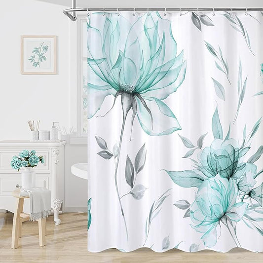 Long Boho Watercolor Floral Shower Curtain 72 x 78, Teal Blue and Grey Ink Painting Style Flower Shower Curtains for Chic Elegant Bathroom, Artistic 78 Inch Long Fabric Shower Curtain