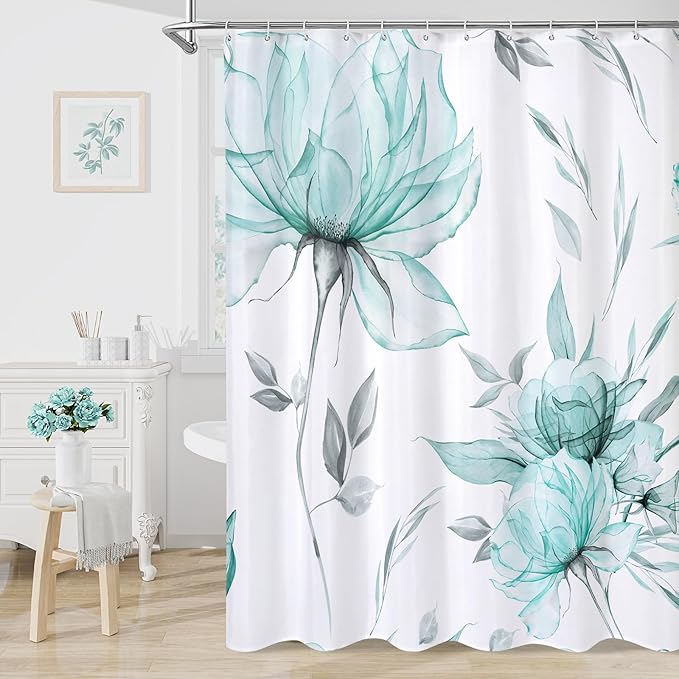 Extra Long Boho Watercolor Floral Shower Curtain 72 x 84, Teal Blue and Grey Ink Painting Style Flower Shower Curtains for Chic Elegant Bathroom, Artistic XL Fabric Cloth Shower Curtain