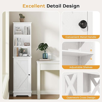 Narrow Bathroom Storage Cabinet with Door and Open Adjustable Shelves, 60.9" H Wooden Tall Tower Corner Farmhouse Cabinet, Freestanding Organizer for Kitchen, Entryway White