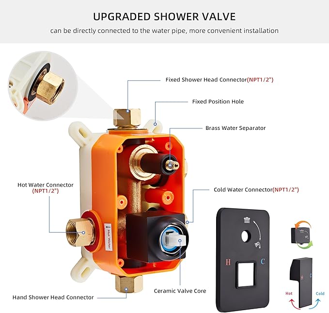 Shower Faucet Set, Matte Black Rainfall Shower System Complete Wall Mounted for Bathroom with 12 Inch Square Shower Head and Handheld Shower Head Rain Mixer Combo Set