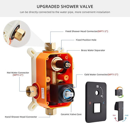 Shower Faucet Set, Matte Black Rainfall Shower System Complete Wall Mounted for Bathroom with 12 Inch Square Shower Head and Handheld Shower Head Rain Mixer Combo Set